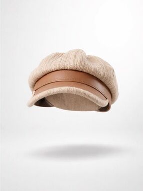 Chic Tan Knit Hat with Brown Leather Detail